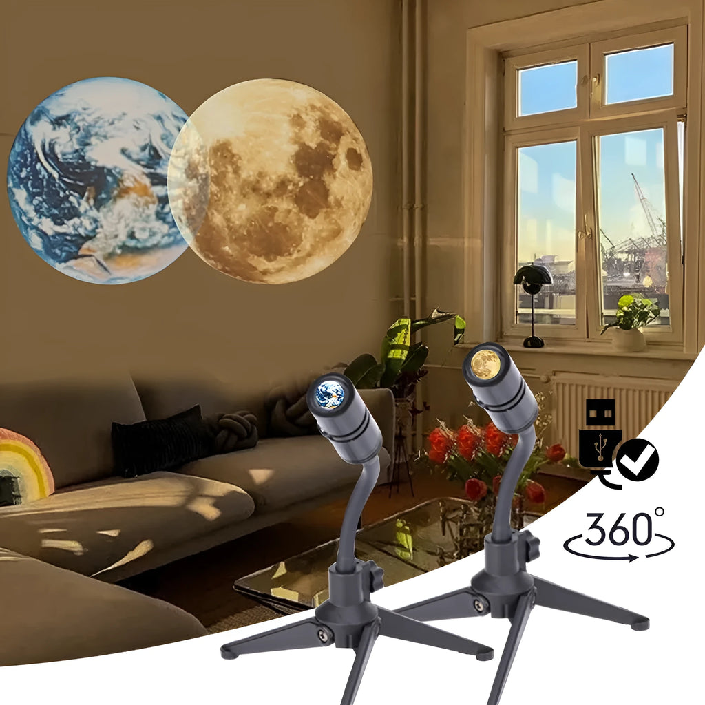 Adjustable Earth and Moon projection night light with USB cable on a desk
