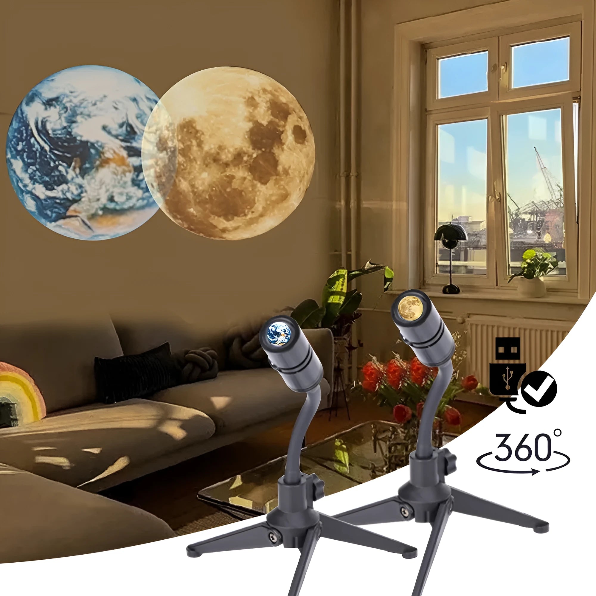 Adjustable Earth and Moon projection night light with USB cable on a desk