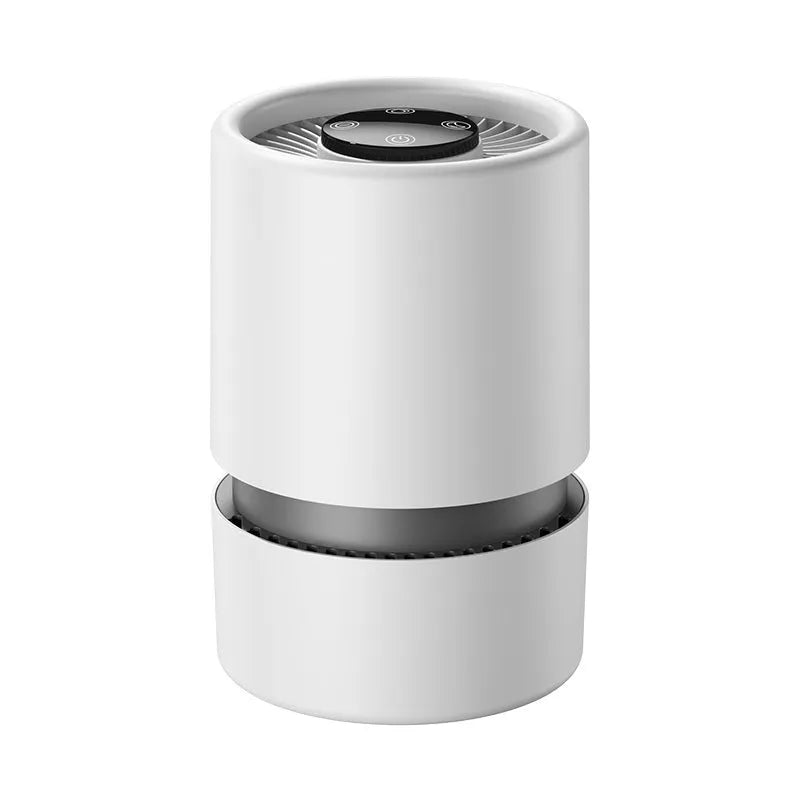 White desktop air purifier with USB cable for small room air cleaning