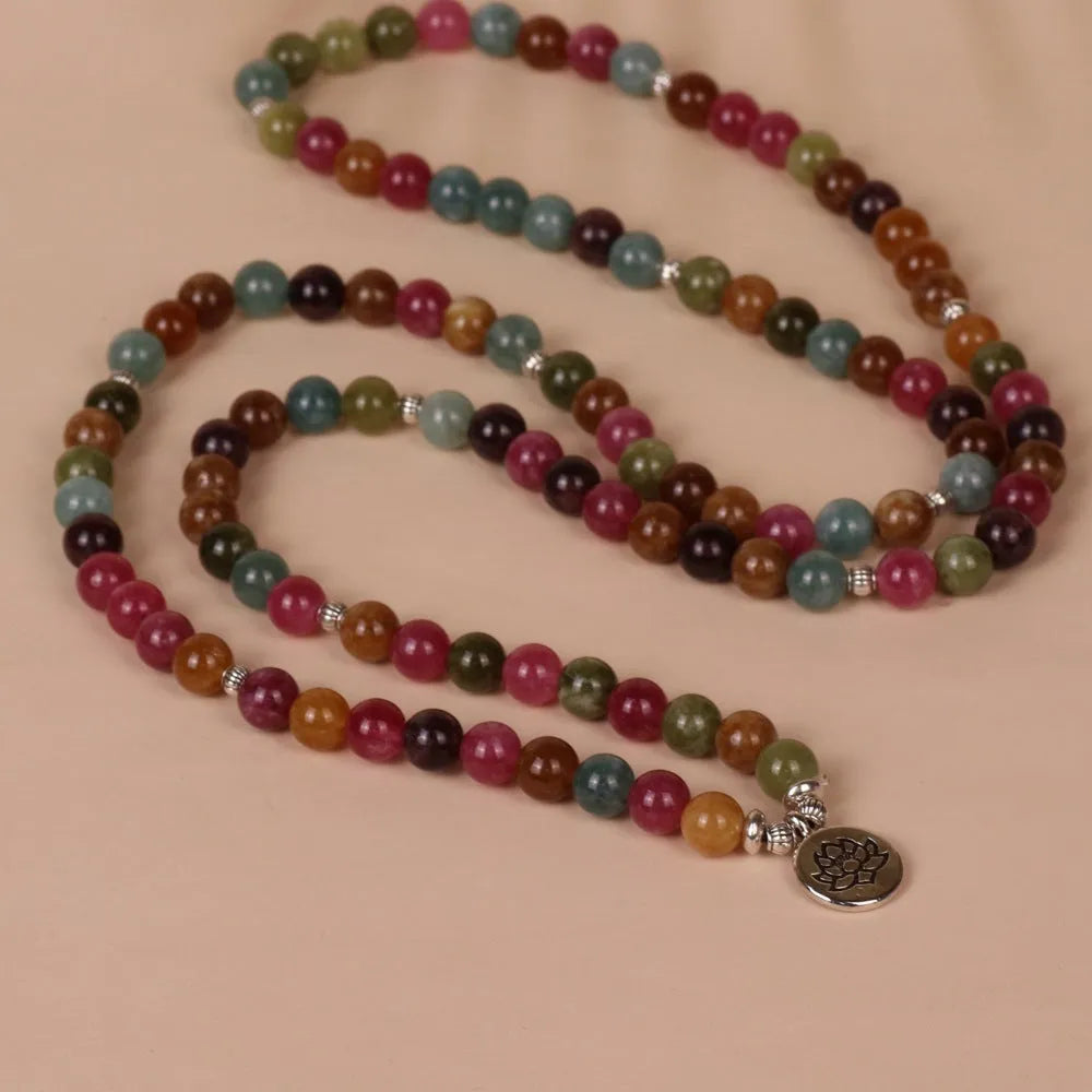 Multi-layer beaded bracelet with 108 tourmaline beads and lotus string design on alloy components