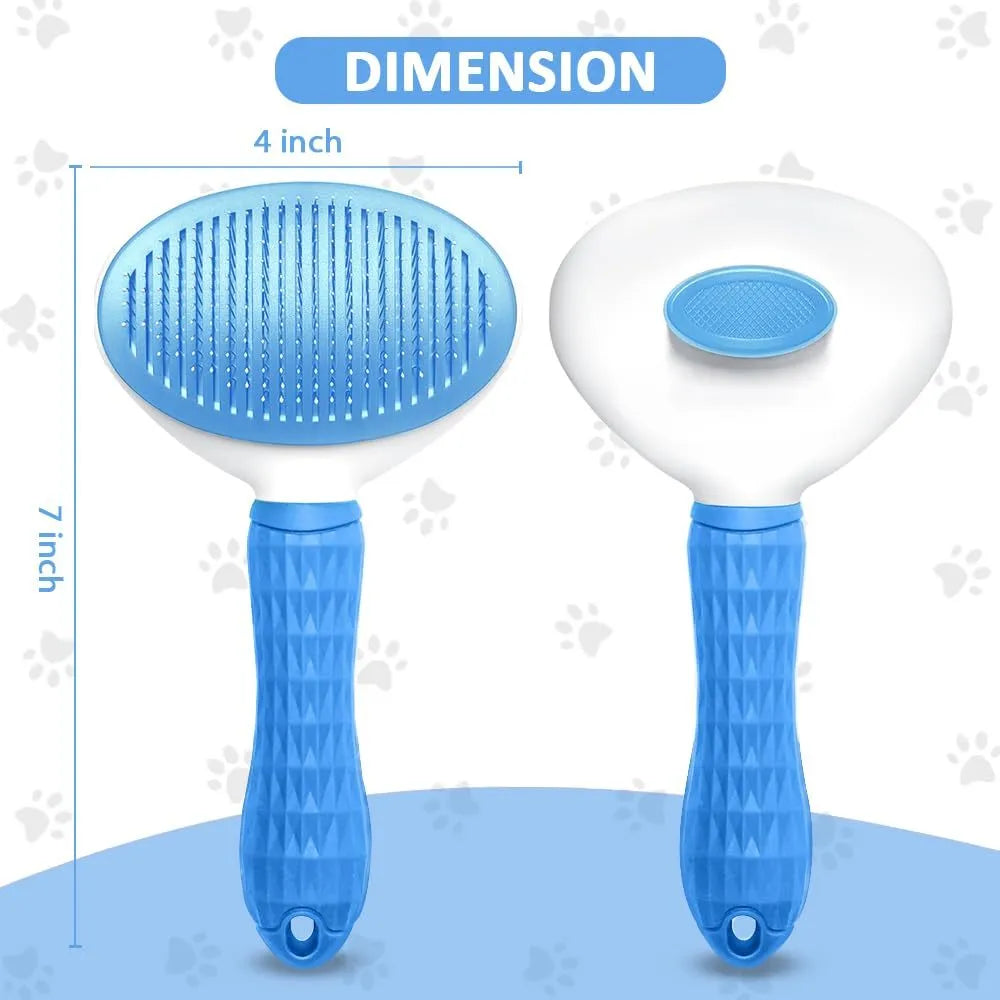 Blue cat deshedding brush with a release button, fine wire bristles, for removing loose fur from pets.