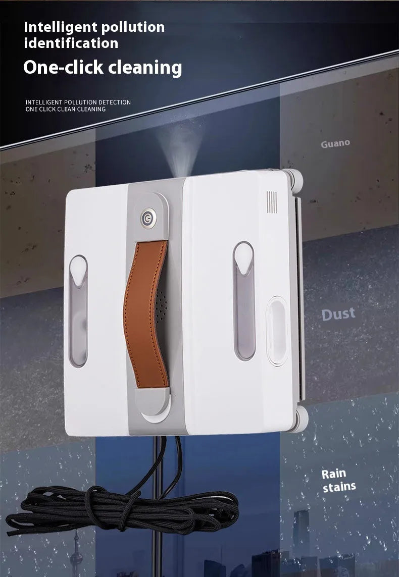 White intelligent window cleaning robot with four water spray heads for high-rise windows