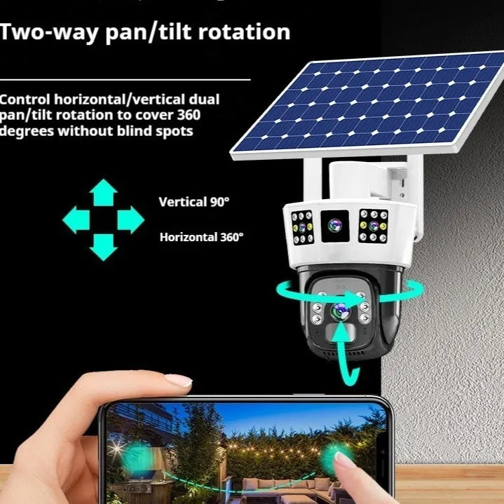 Solar-powered triple-screen surveillance camera with integrated solar panel for outdoor security