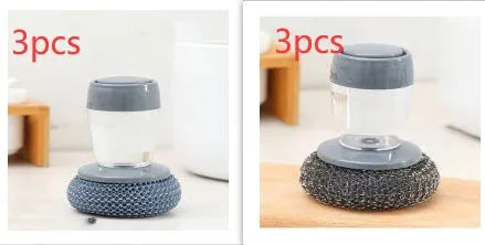 Kitchen palm brush with integrated push-type soap dispenser and bristles for scrubbing.