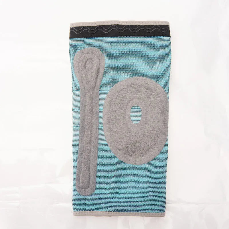 Sky blue elastic fibre knee pad with silicone grip for sports, shown in S, M, L, XL sizes.