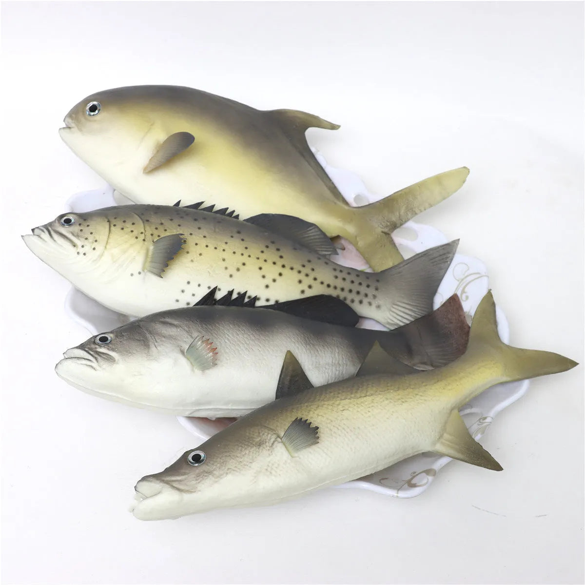 Three PU simulated fish ornaments showing yellow-fin tuna, flower fish, and yellow croaker designs