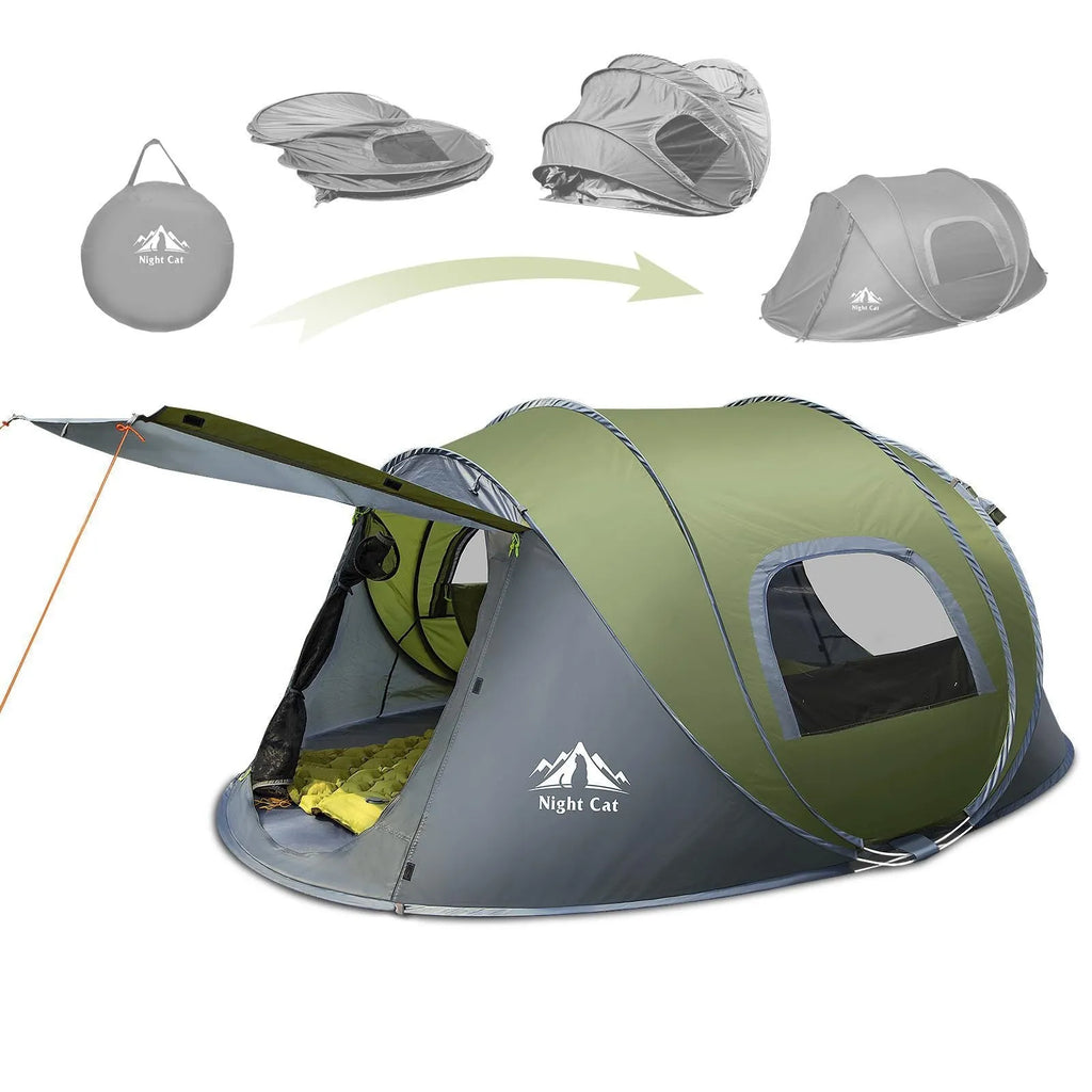 Dark green instant automatic camping tent for two people showing dimensions and waterproof construction