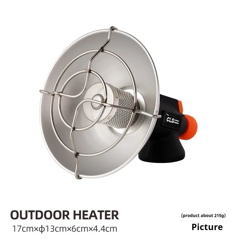 Black and orange portable outdoor heater stove with automatic ignition for camping.