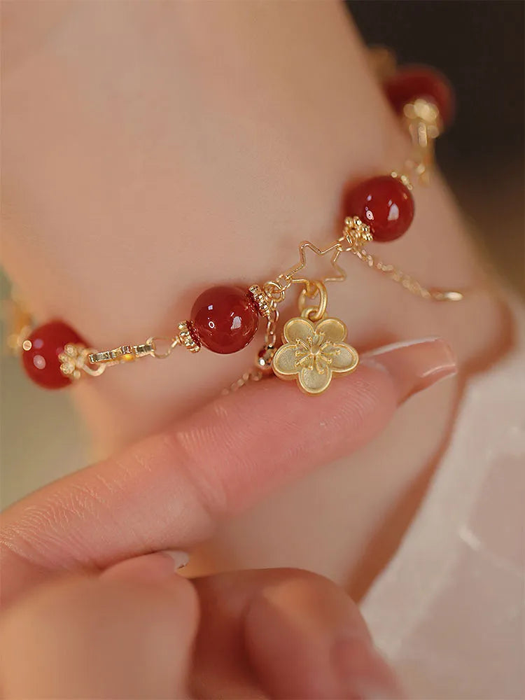 Red agate double layer women's bracelet with floral peach blossom ethnic design