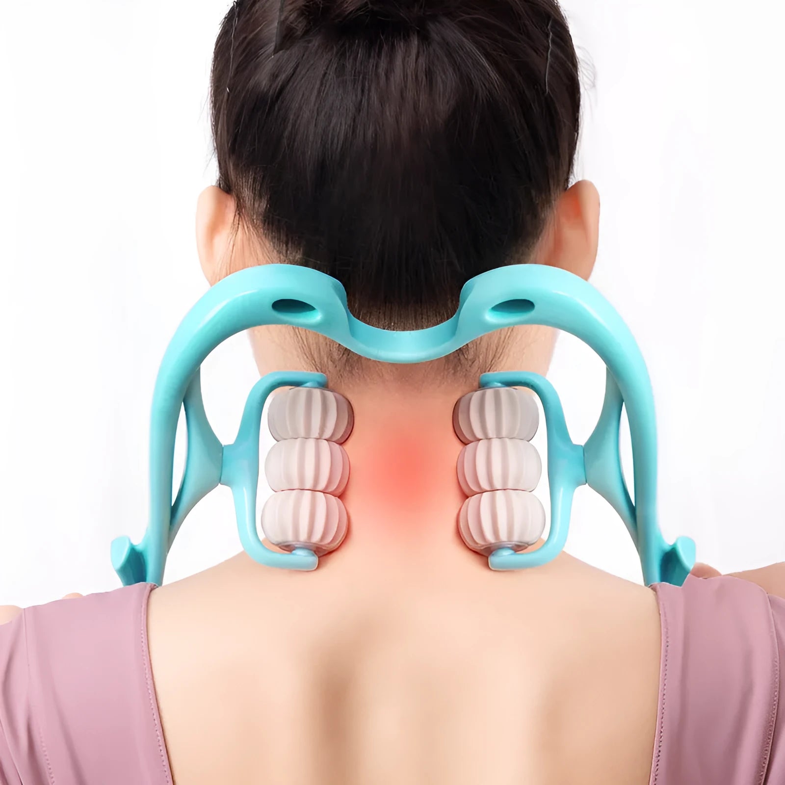 Pink and blue swan-shaped manual neck massager with six wheels and a white crystal jade scraping board.