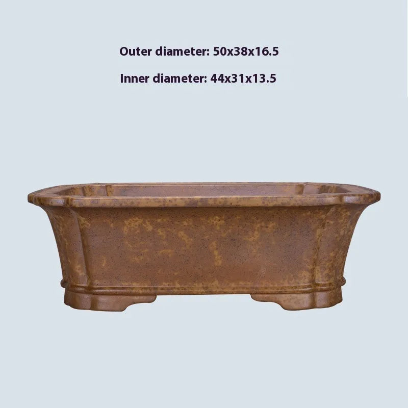 Large rectangular purple sand flowerpot with a double pumping angle design on a floor.