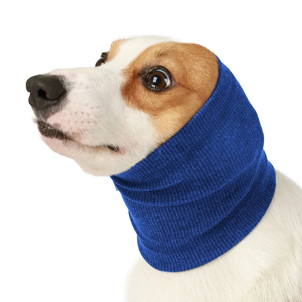 Blue and grey dog headband scarf shown in S, M and L sizes on a white background.