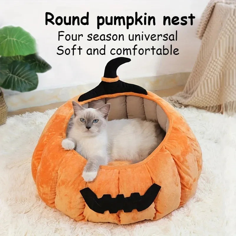 Halloween themed cat bed with cartoon pumpkin and devil design in soft plush fabric