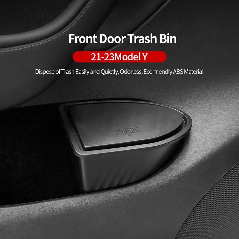 Two black ABS plastic car door trash cans for Tesla Model Y.