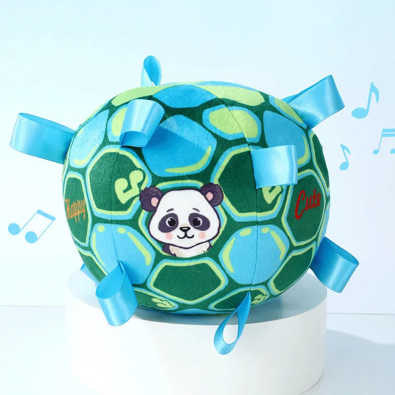 Green interactive ball dog toy with plush handle and bells for aggressive chewers