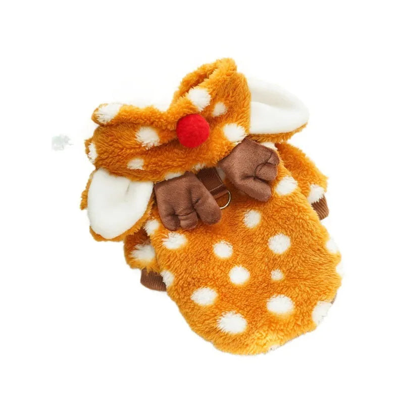 Elk design dog Christmas costume with fleece lining on a medium-sized dog.