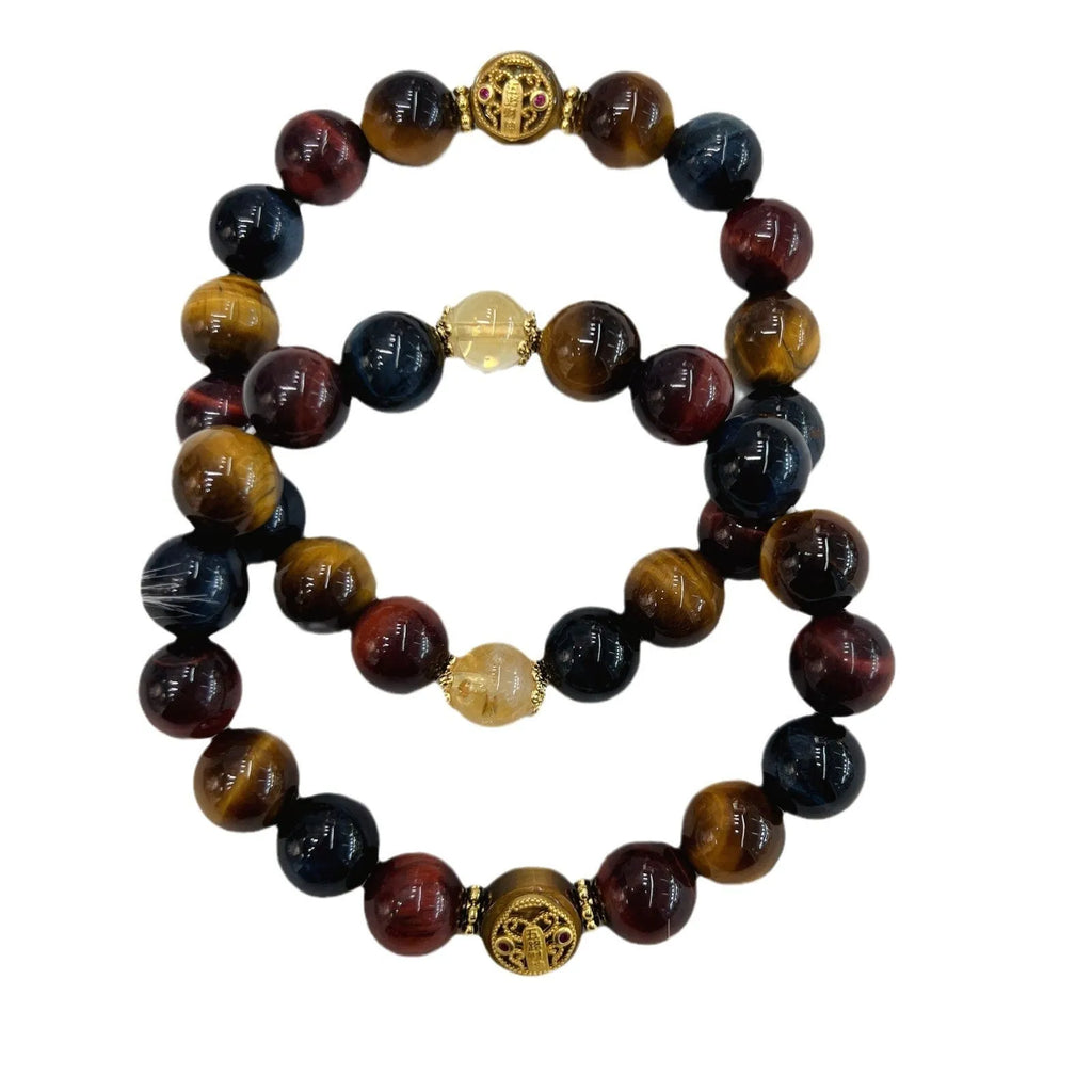 Natural tiger eye bracelet with loose round beads on 18cm long chain, Maillard style adjustable closure