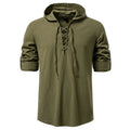 Men's cotton linen drawstring long sleeve pirate print shirt in white, slim fit pullover style