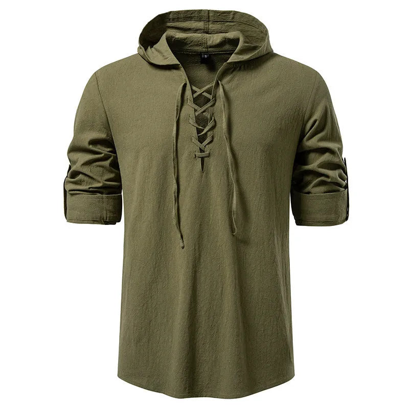 Men's cotton linen drawstring long sleeve pirate print shirt in white, slim fit pullover style