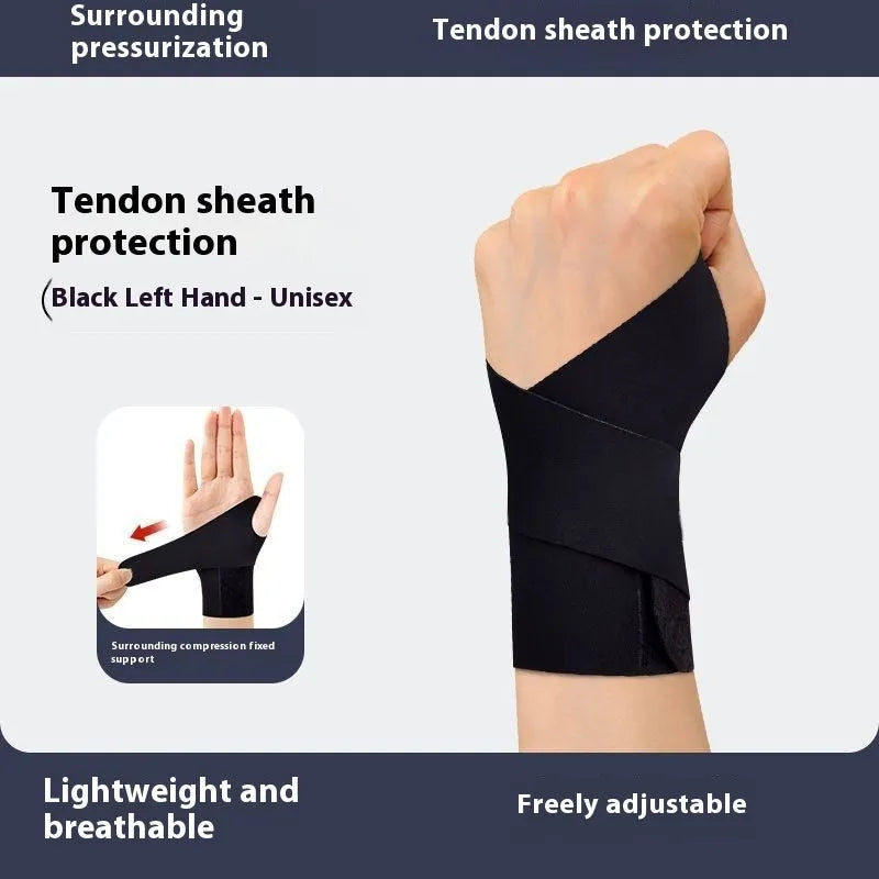 Adjustable black athletic wristguard shown on a wrist, suitable for sports like badminton and tennis.