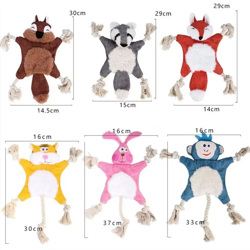 Plush squeaky dog toy set with fox, squirrel, monkey, and other animal shapes on a light background