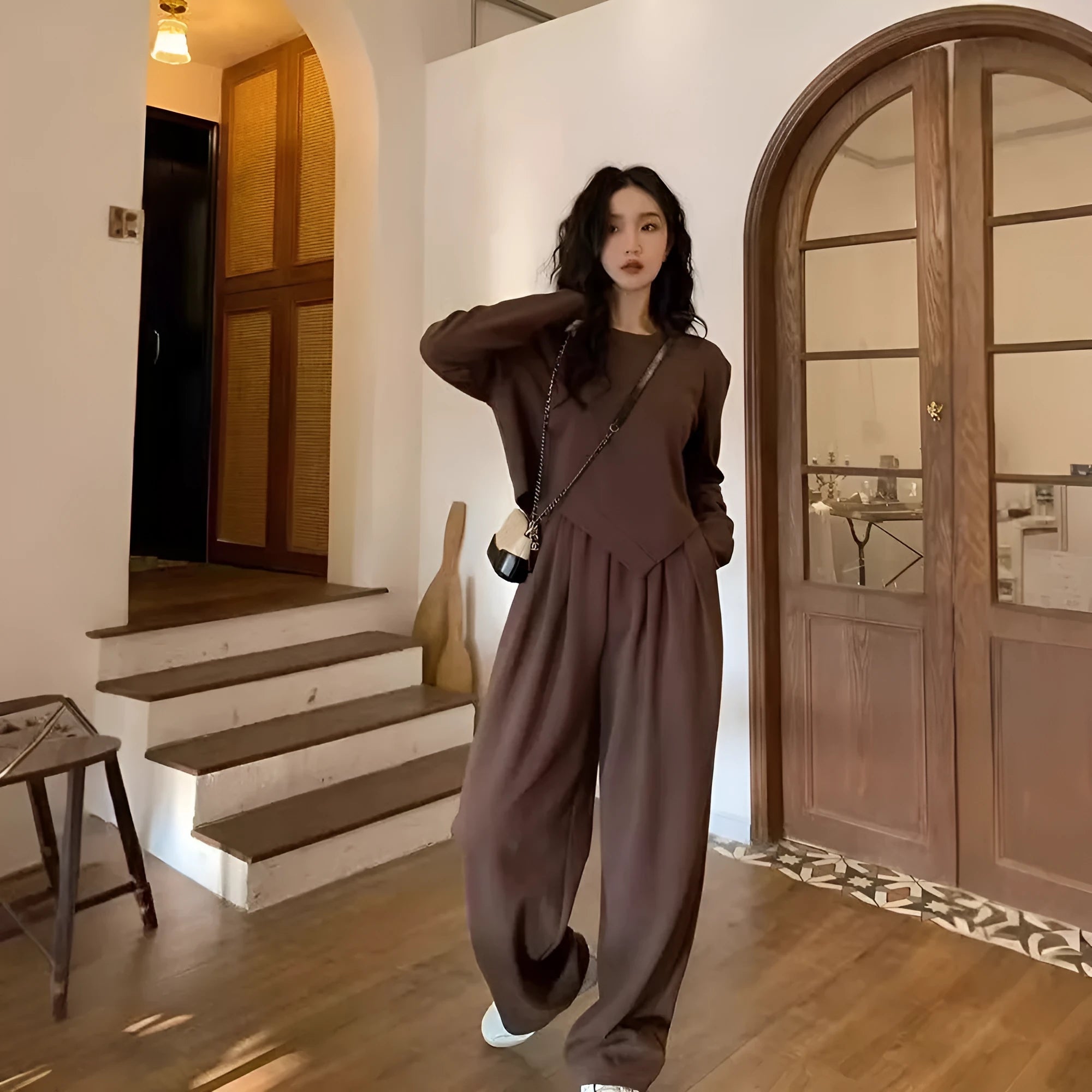 Women's casual sports suit two-piece set in Japanese Korean style with solid colour design
