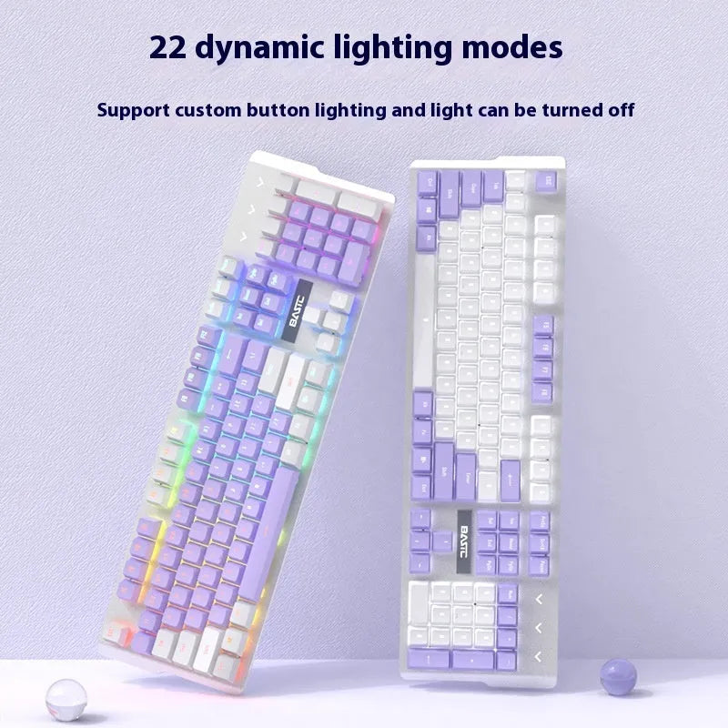 Purple and white mechanical keyboard and mouse combo with backlight illumination and headphones