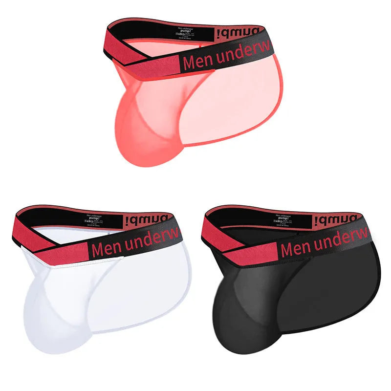 Men's red ice silk nylon briefs with a large V gradient high-fork cut on a white background.