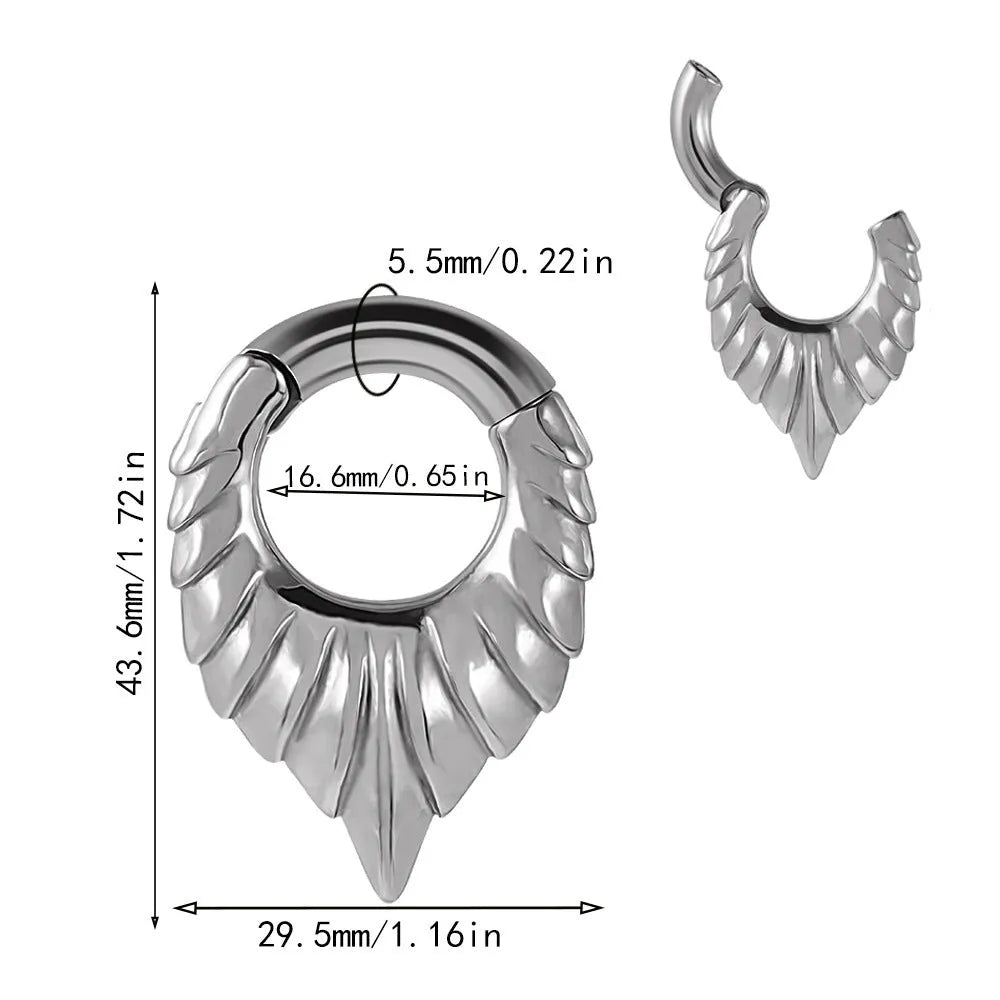 Stainless steel ear extender with egg-shaped auricle and totem design for earlobe stretching.
