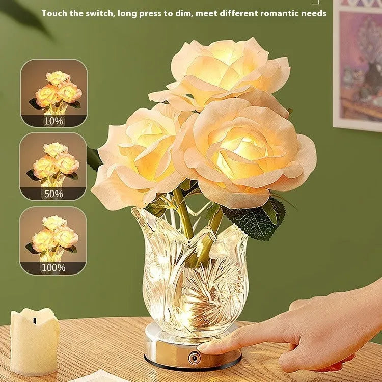 Crystal flowers decorative table lamp with touch controls and rechargeable battery for cordless placement