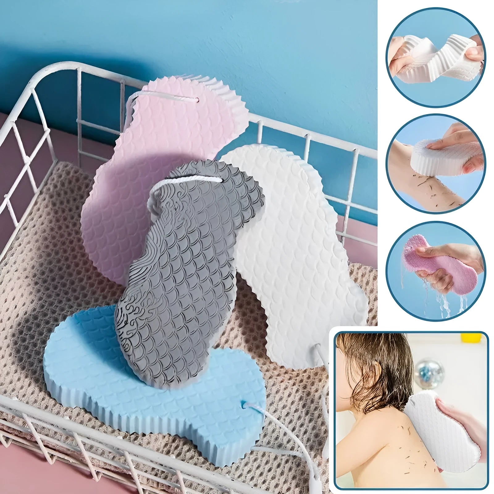 3D fish scale pattern bath sponge ball in multiple colour options for gentle exfoliation