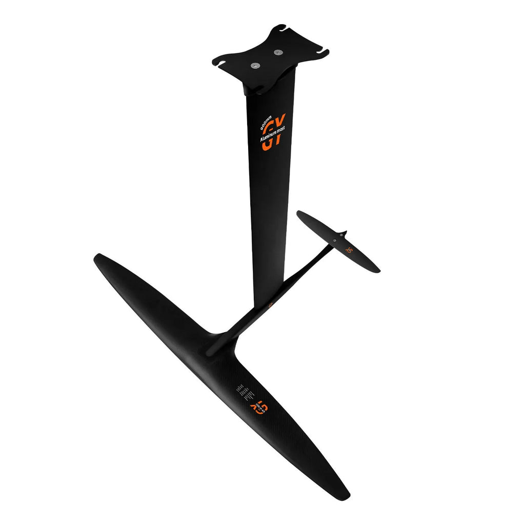 Black aluminium alloy and carbon fibre racing surfboard hydrofoil with large front wing.