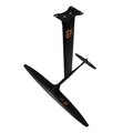 Black aluminium alloy and carbon fibre racing surfboard hydrofoil with large front wing.
