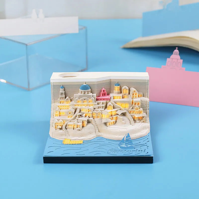 Santorini beach 3D paper carving notepad measuring 9x9x5 cm