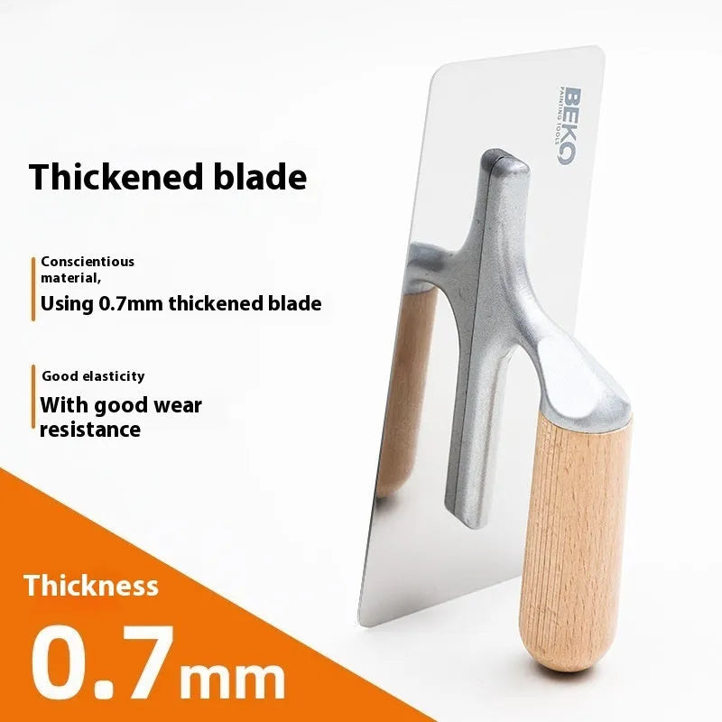 Set of three stainless steel putty scrapers with wooden handles in 70mm, 80mm, and 110mm blade sizes.