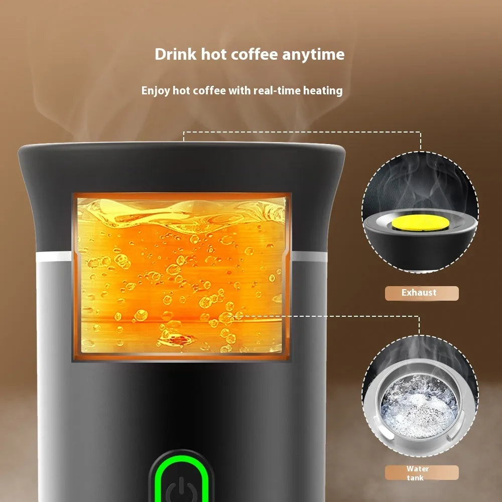 White portable espresso machine with grinder, showing capsule compartment and USB charging cable