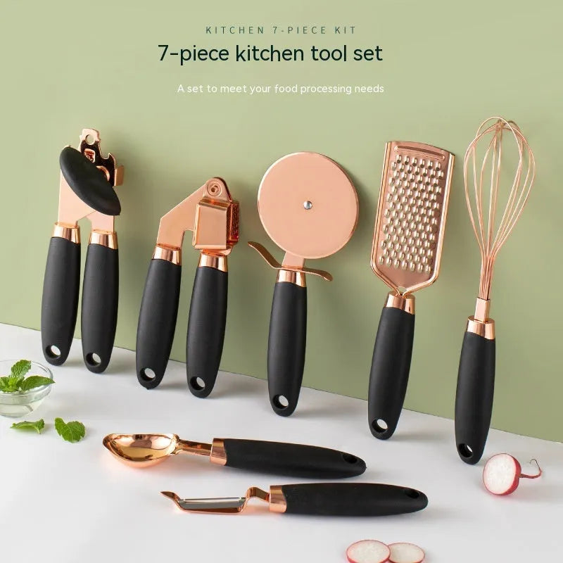 Copper-plated seven-piece kitchen tool set with cutlery rack in assorted colours