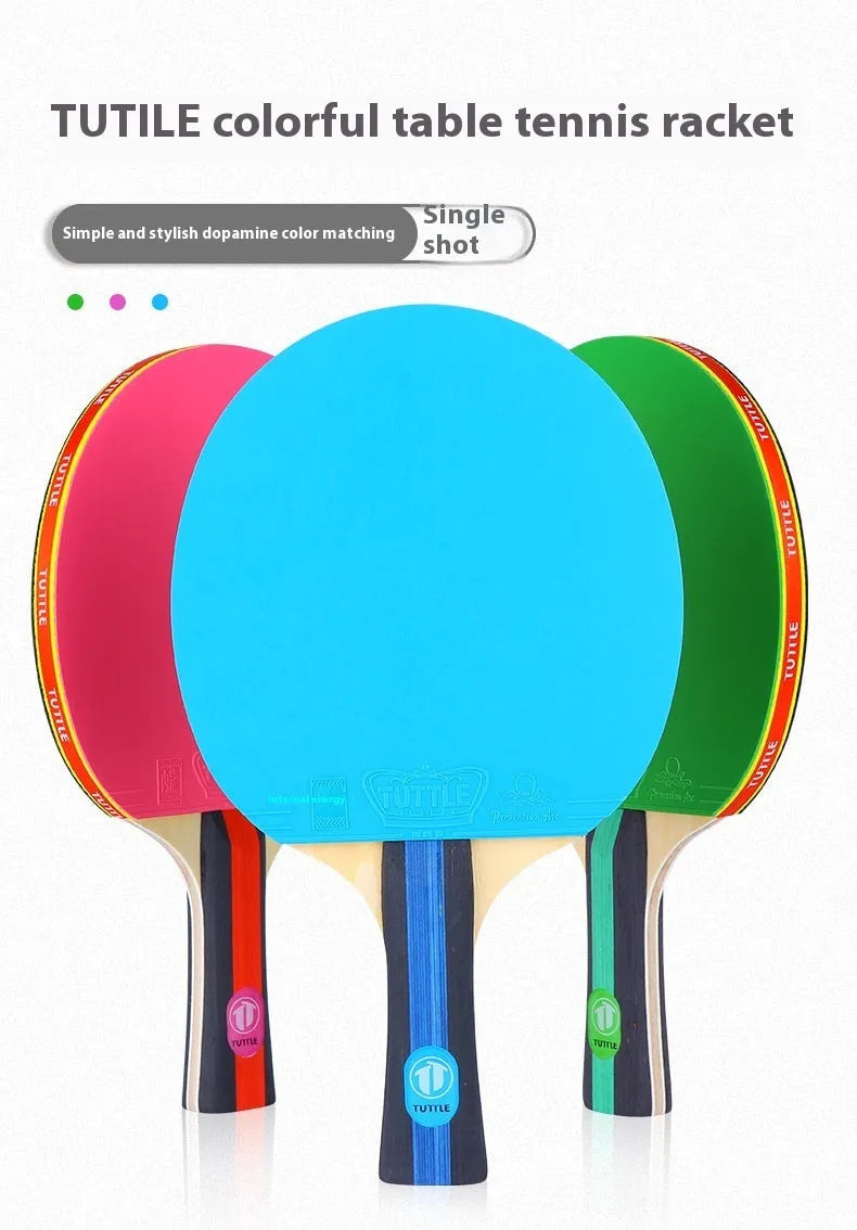 Colourful pure wood table tennis racket with a long handle for shakehand grip, shown with its matching protective cover bag.