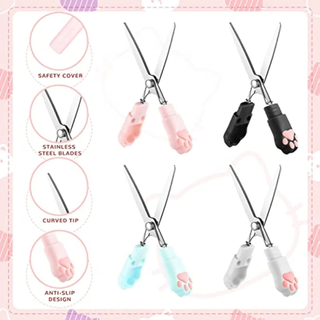 Cat paw mini folding scissors in pink, white, black and blue colours showing compact 8.7 cm size