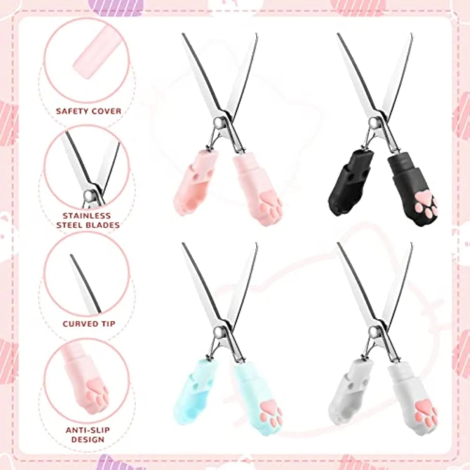 Cat paw mini folding scissors in pink, white, black and blue colours showing compact 8.7 cm size