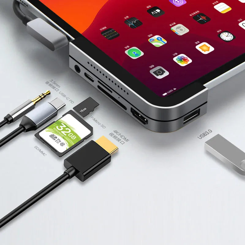 Silver aluminium grey 6-in-1 USB-C docking station and hub for iPad Pro tablets