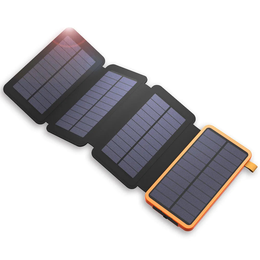 Black outdoor solar power bank with a solar panel, USB ports, and an LED light on a soft leather exterior.
