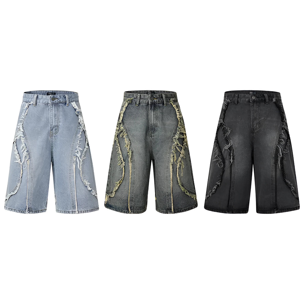 Distressed denim shorts with raw edge detailing in black, dark blue and light blue colours