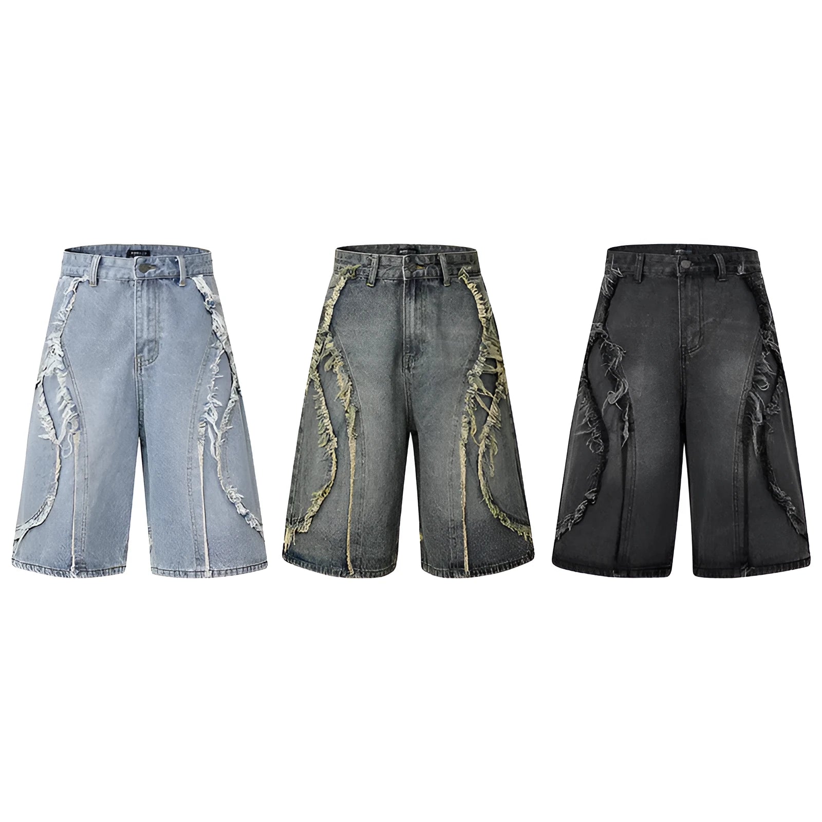Distressed denim shorts with raw edge detailing in black, dark blue and light blue colours