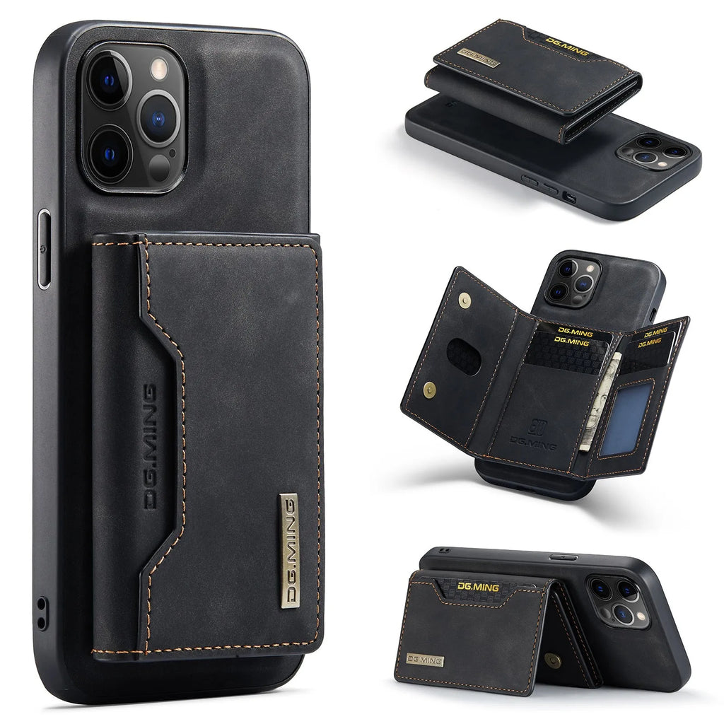 Magnetic card holder phone case for Apple iPhone, handmade PU split protection with magnetic attraction, combination black colour
