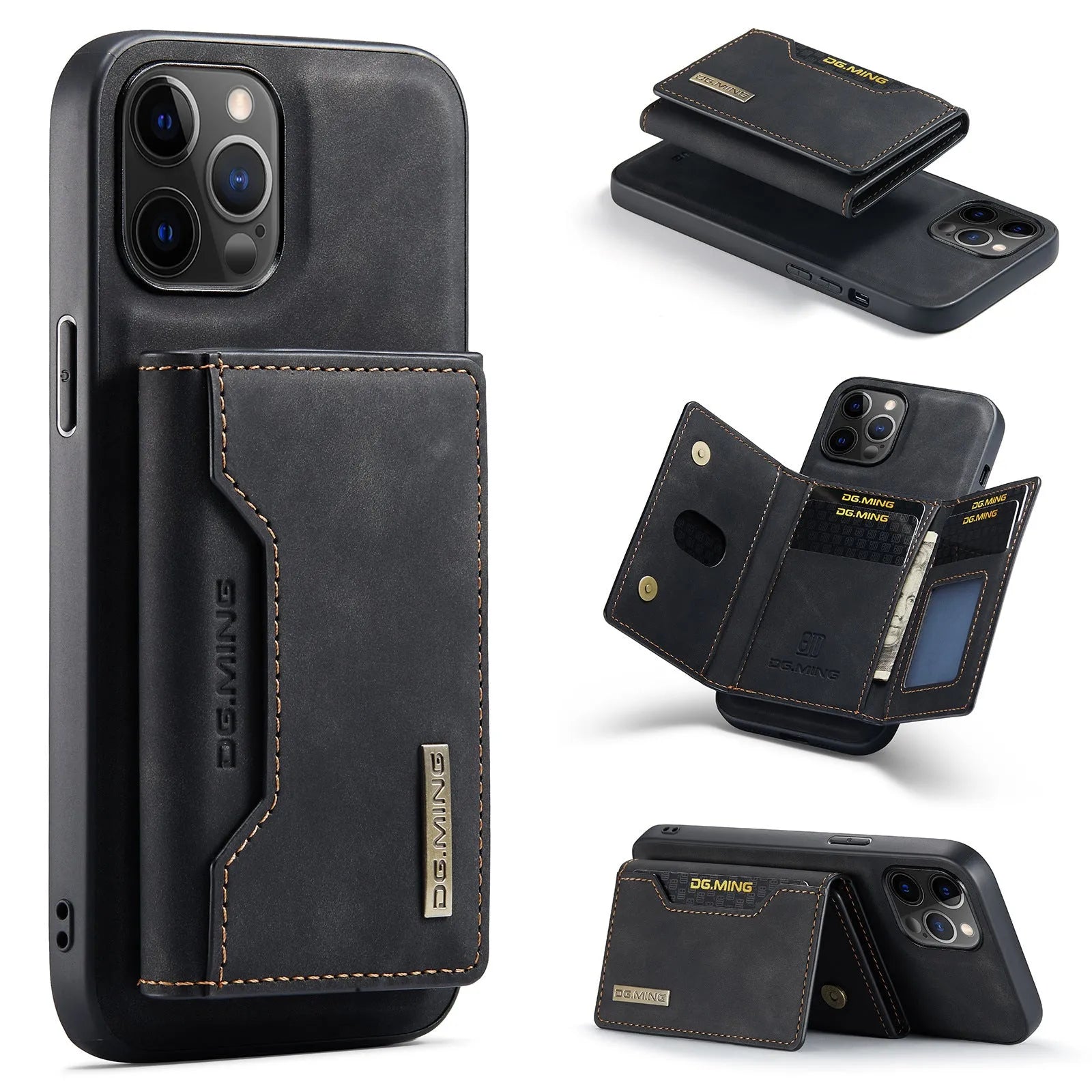 Magnetic card holder phone case for Apple iPhone, handmade PU split protection with magnetic attraction, combination black colour