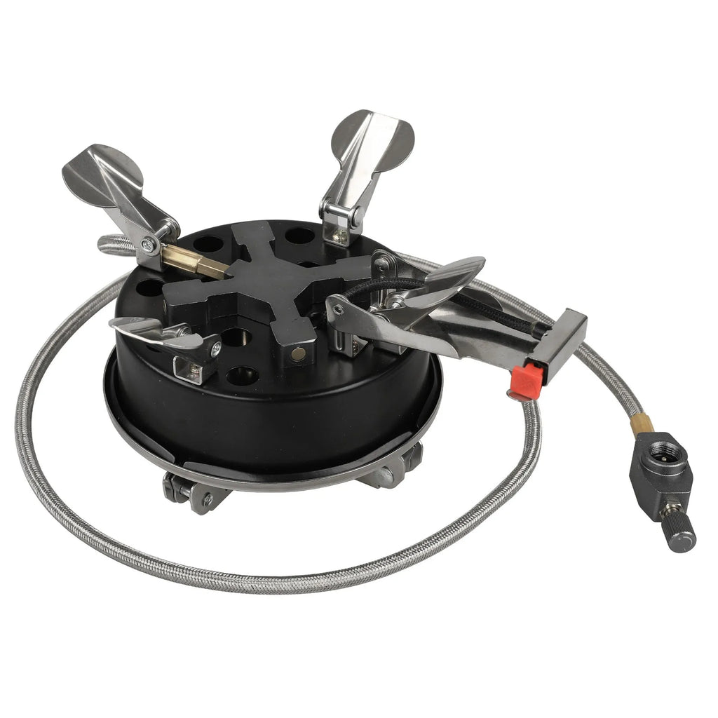 Silver portable stainless steel split camping stove shown unfolded with a 100cm fuel hose.