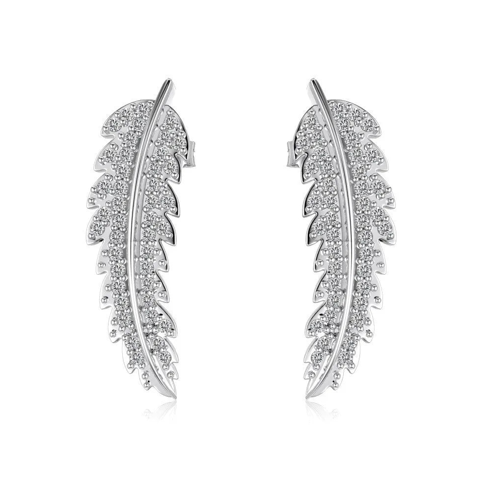 Leaf-shaped zircon inlaid S925 sterling silver stud earrings for women in white gold finish