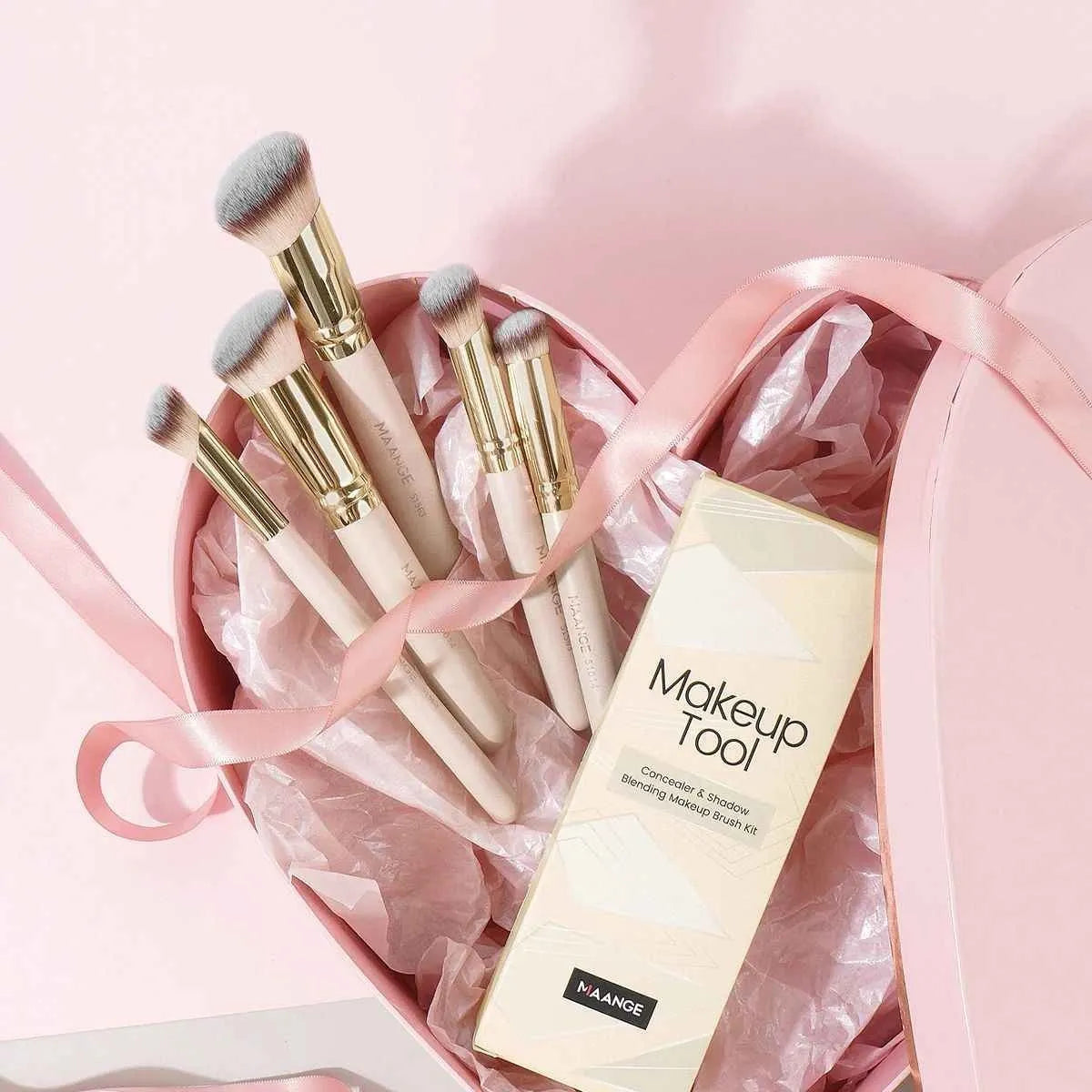 MAANGE 5 piece apricot angled makeup brush set with synthetic bristles for powder and blush