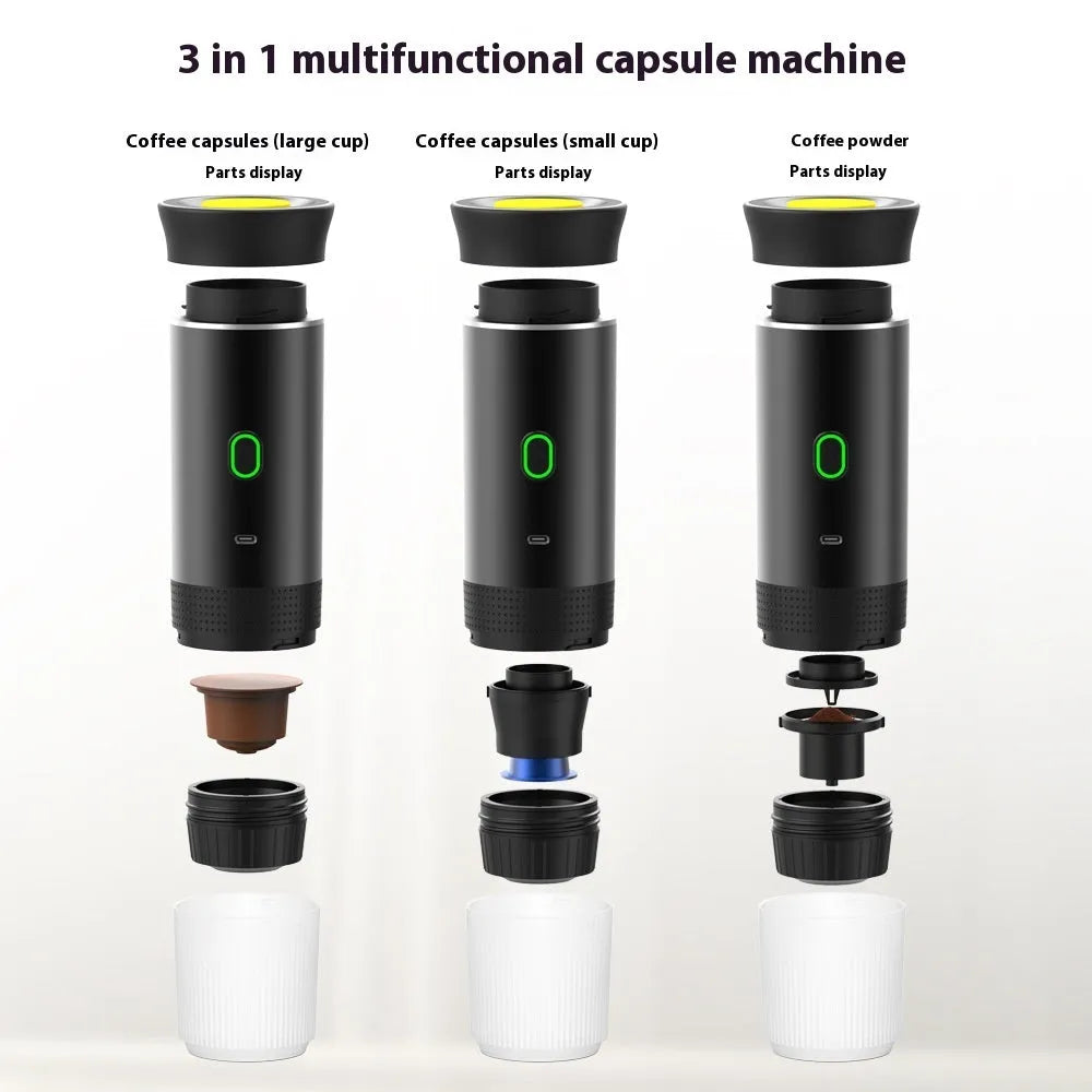 White portable espresso machine with grinder, showing capsule compartment and USB charging cable